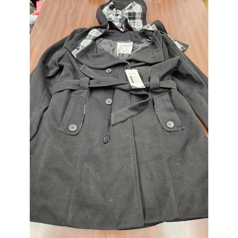 ANGVNS Womens Black Wool Blend Peacoat Hooded Belted Jacket Plaid Lining M NWT